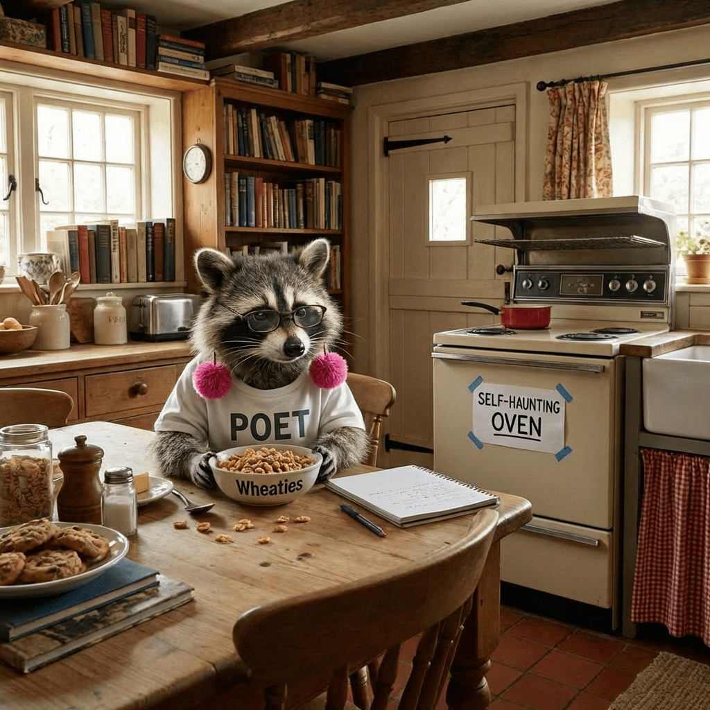 A raccoon in a tweed jacket and glasses sits at a kitchen table eating cereal.