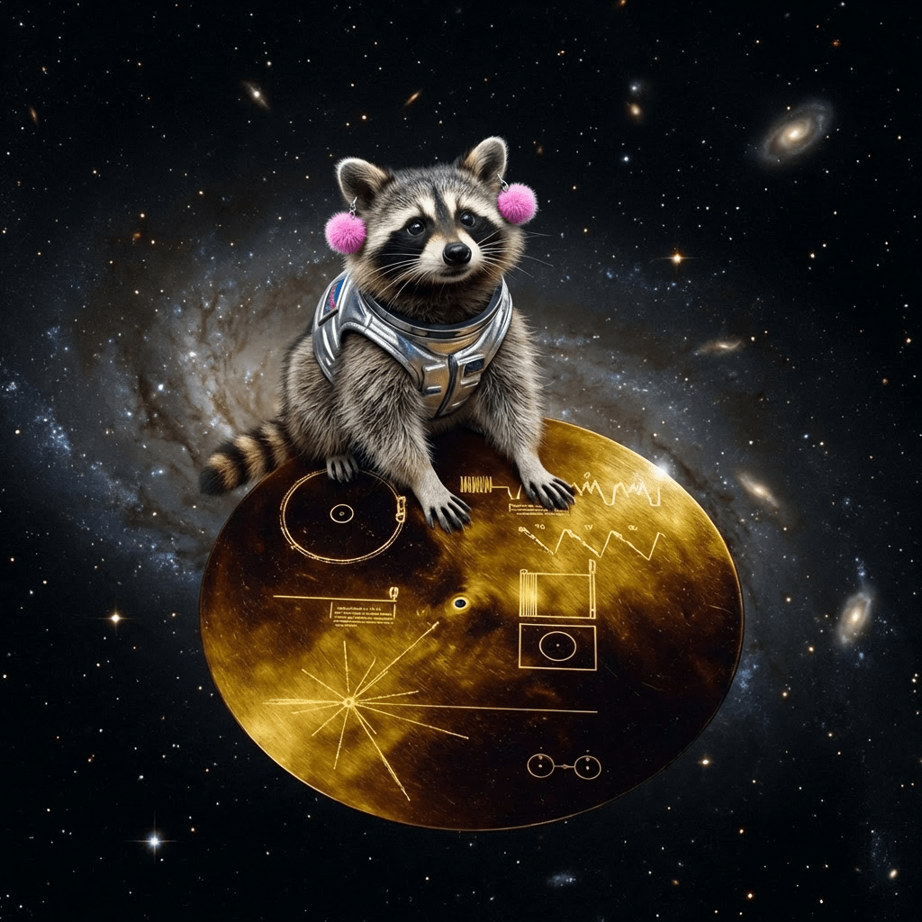 A raccoon wearing a space suit sits on the Voyager Golden Record in deep space.
