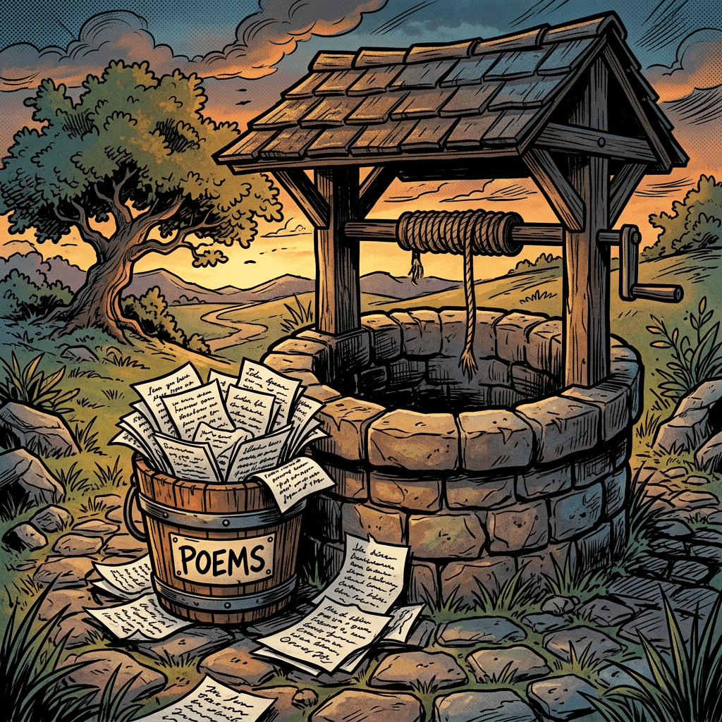 Stone well with wooden roof and bucket labeled poems beside it