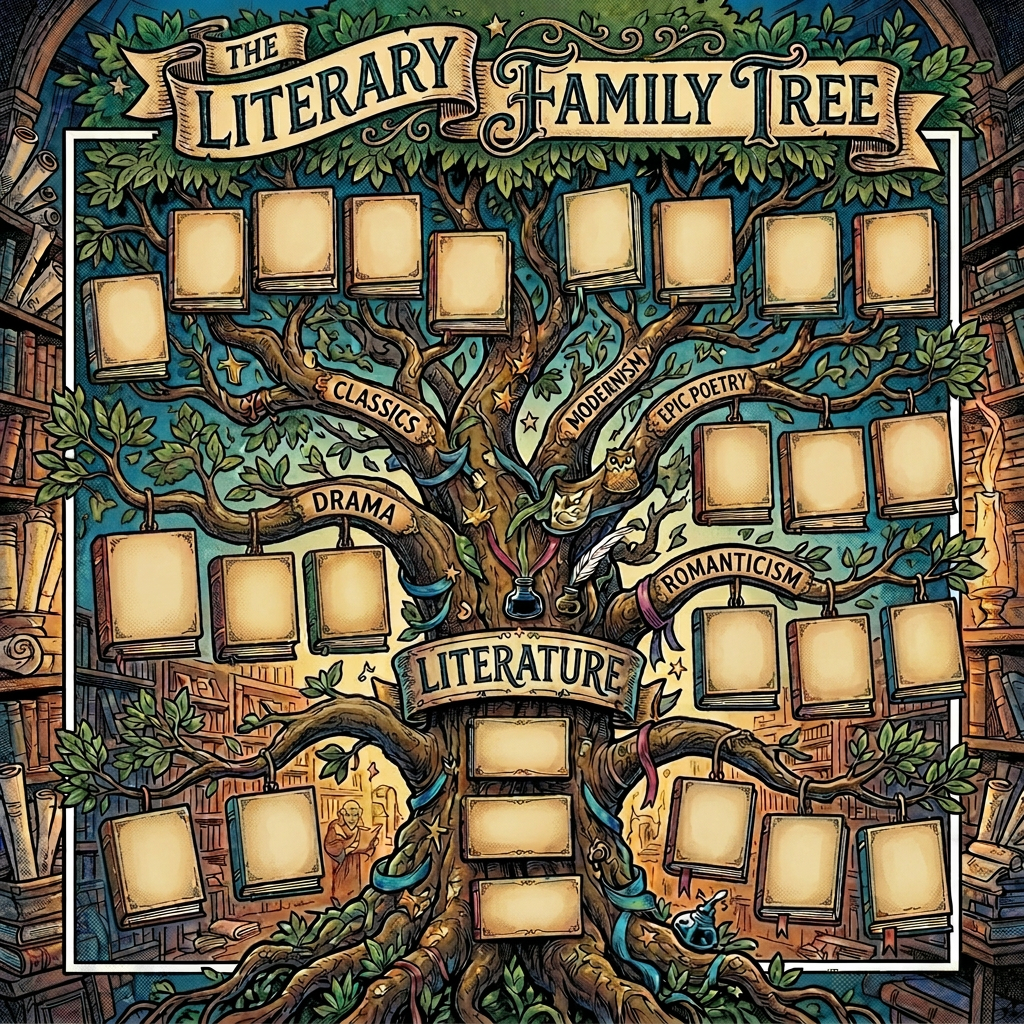 A literary family tree showing authors categorized by genre and literary movements like Classics, Shakespeare, Modernism, American, Poetry, and Mystery.