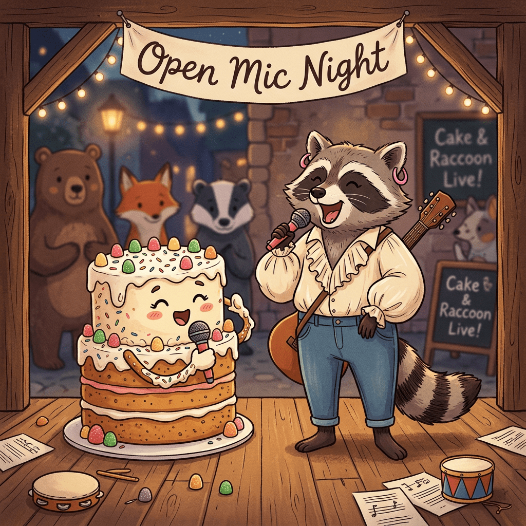 Raccoon and singing cake holding microphones on stage during open mic night