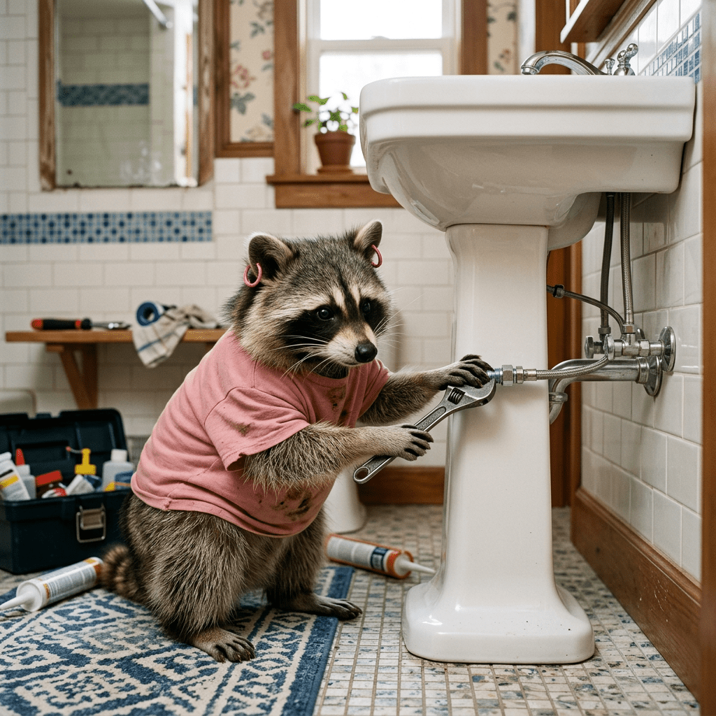 Raccoon in pink shirt with hair rollers tightening plumbing under bathroom sink with wrench