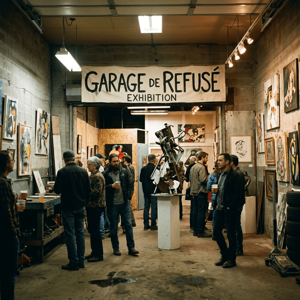 People viewing paintings and sculptures at the Garage de Refusé exhibition in a warehouse
