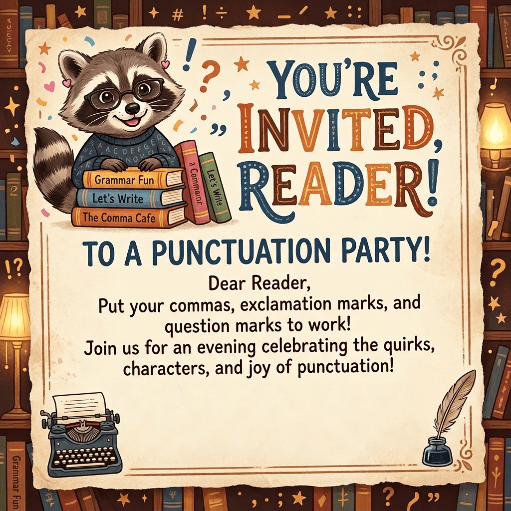 Invitation to a punctuation party with a raccoon holding books about grammar and writing